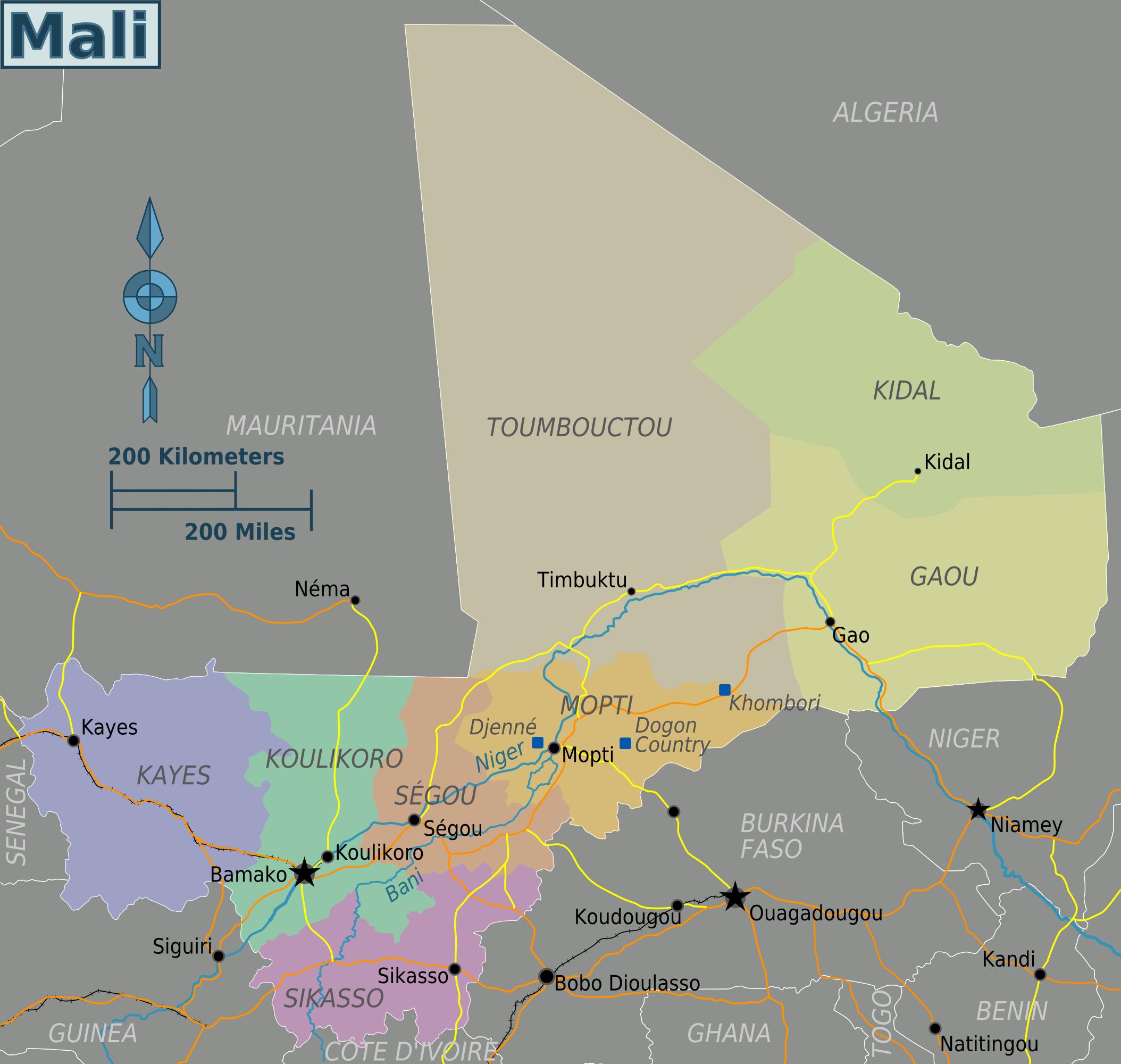 Mali regions map - Map of Mali regions (Western Africa - Africa)