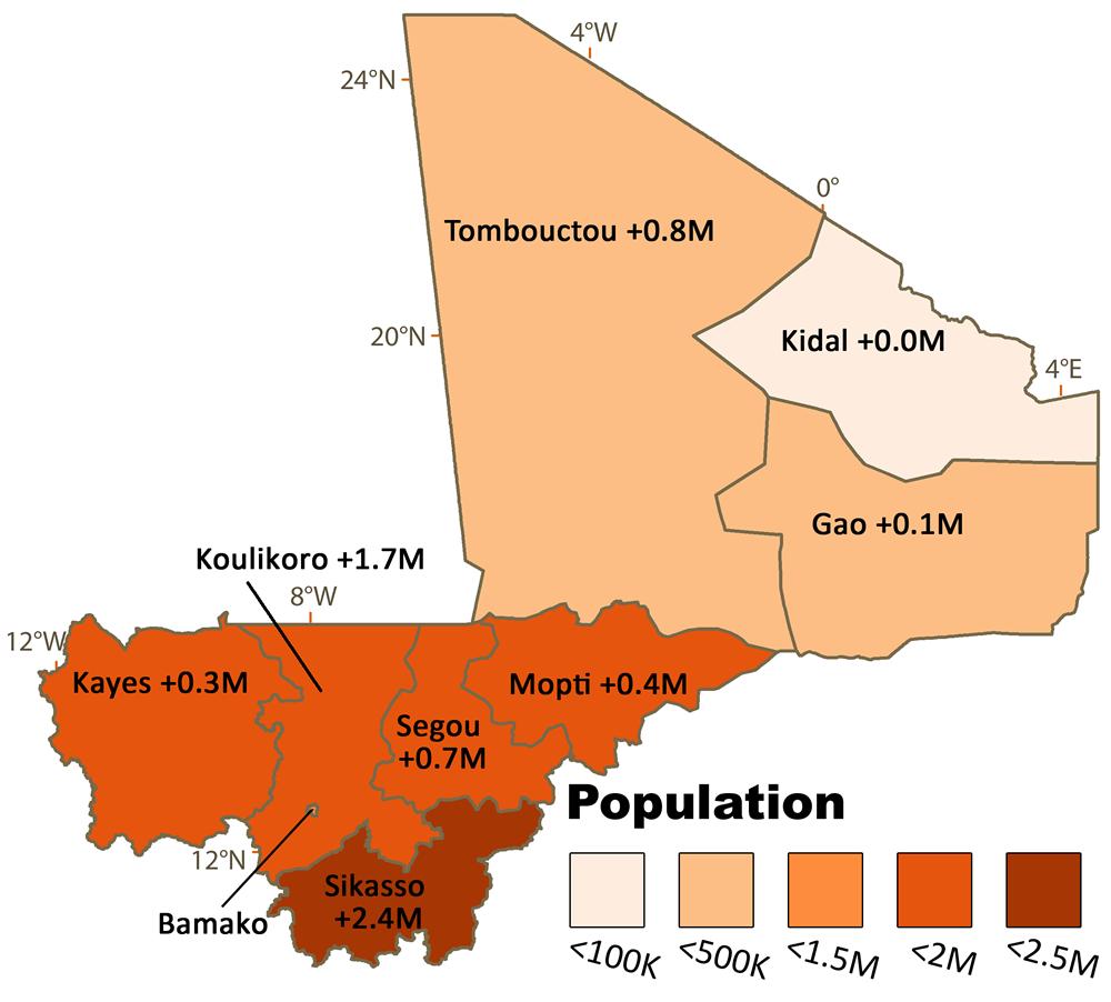 Mali population map Map of Mali population (Western Africa Africa)